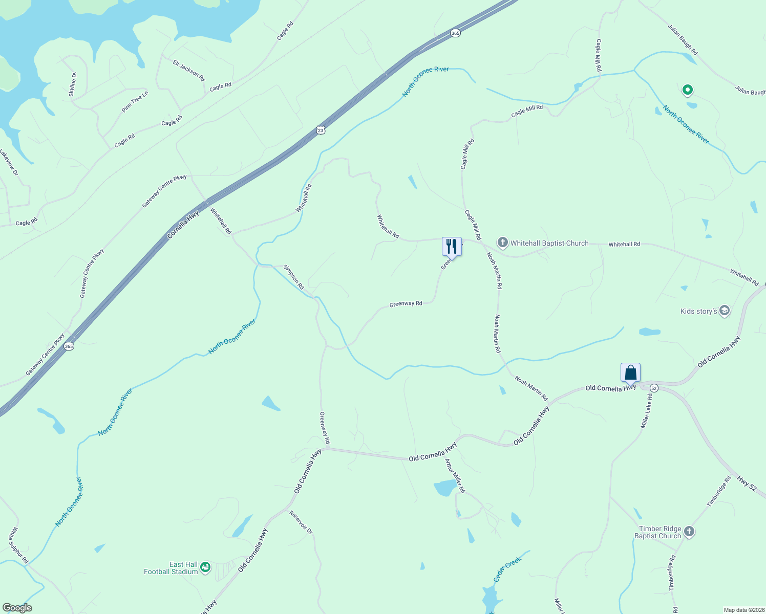 map of restaurants, bars, coffee shops, grocery stores, and more near 4193 Greenway Road in Gainesville