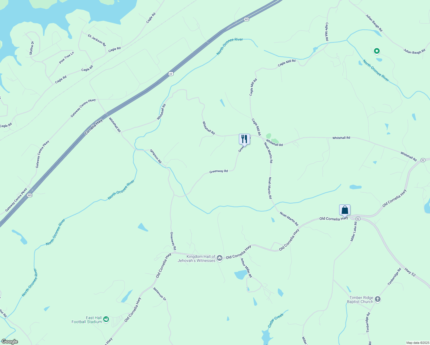 map of restaurants, bars, coffee shops, grocery stores, and more near Greenway Road in Hall County
