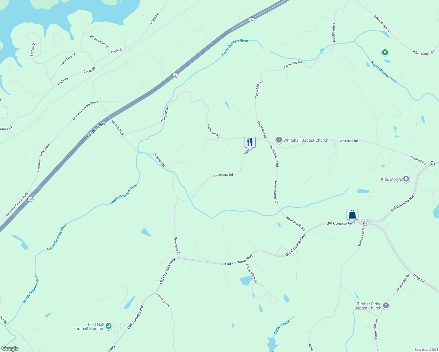 map of restaurants, bars, coffee shops, grocery stores, and more near 4219 Greenway Road in Lula