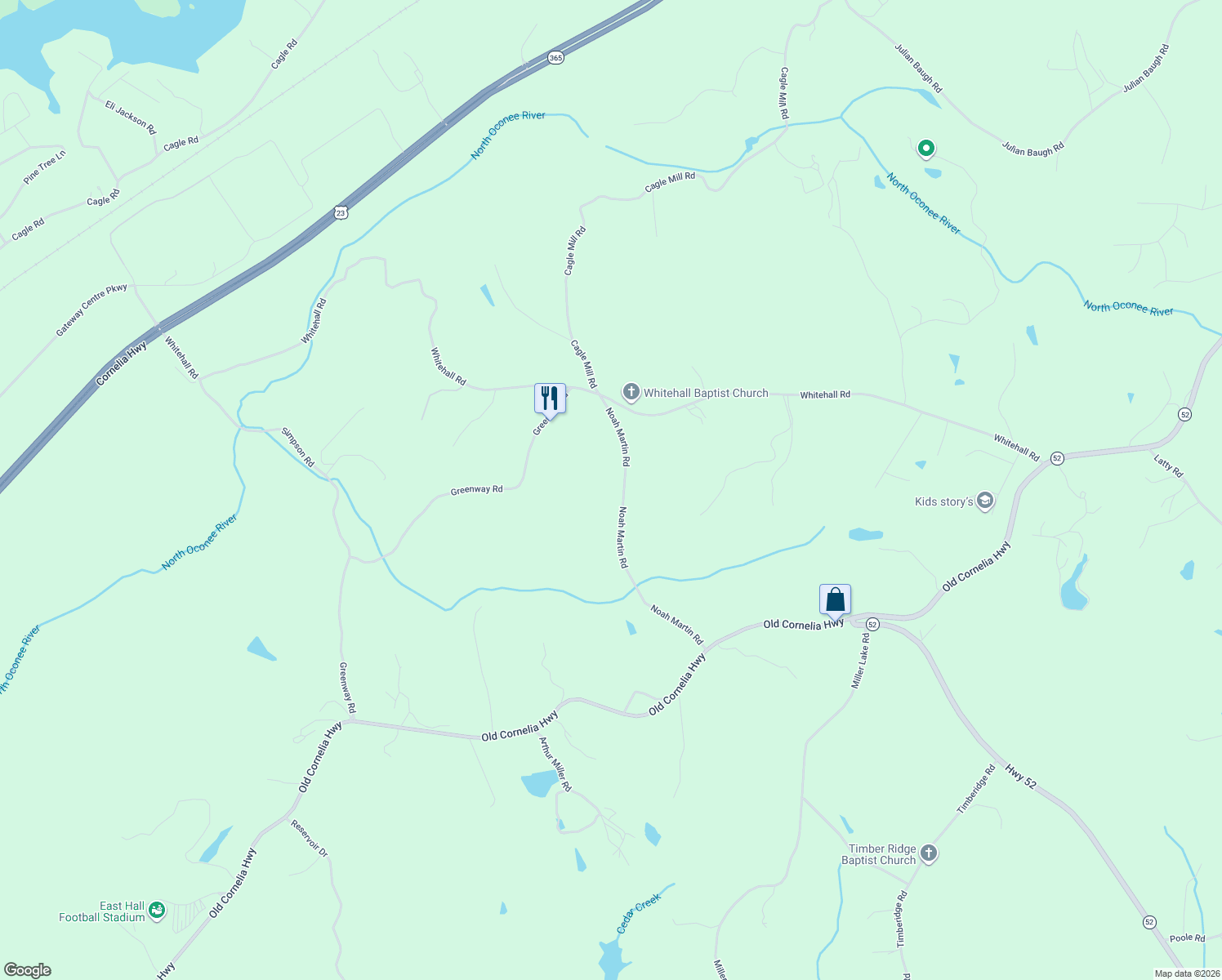 map of restaurants, bars, coffee shops, grocery stores, and more near 4543 Noah Martin Rd in Lula