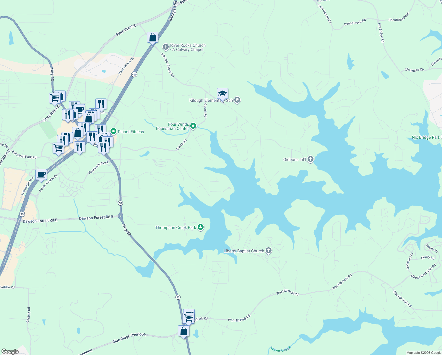 map of restaurants, bars, coffee shops, grocery stores, and more near 180 Sunset Drive in Dawsonville