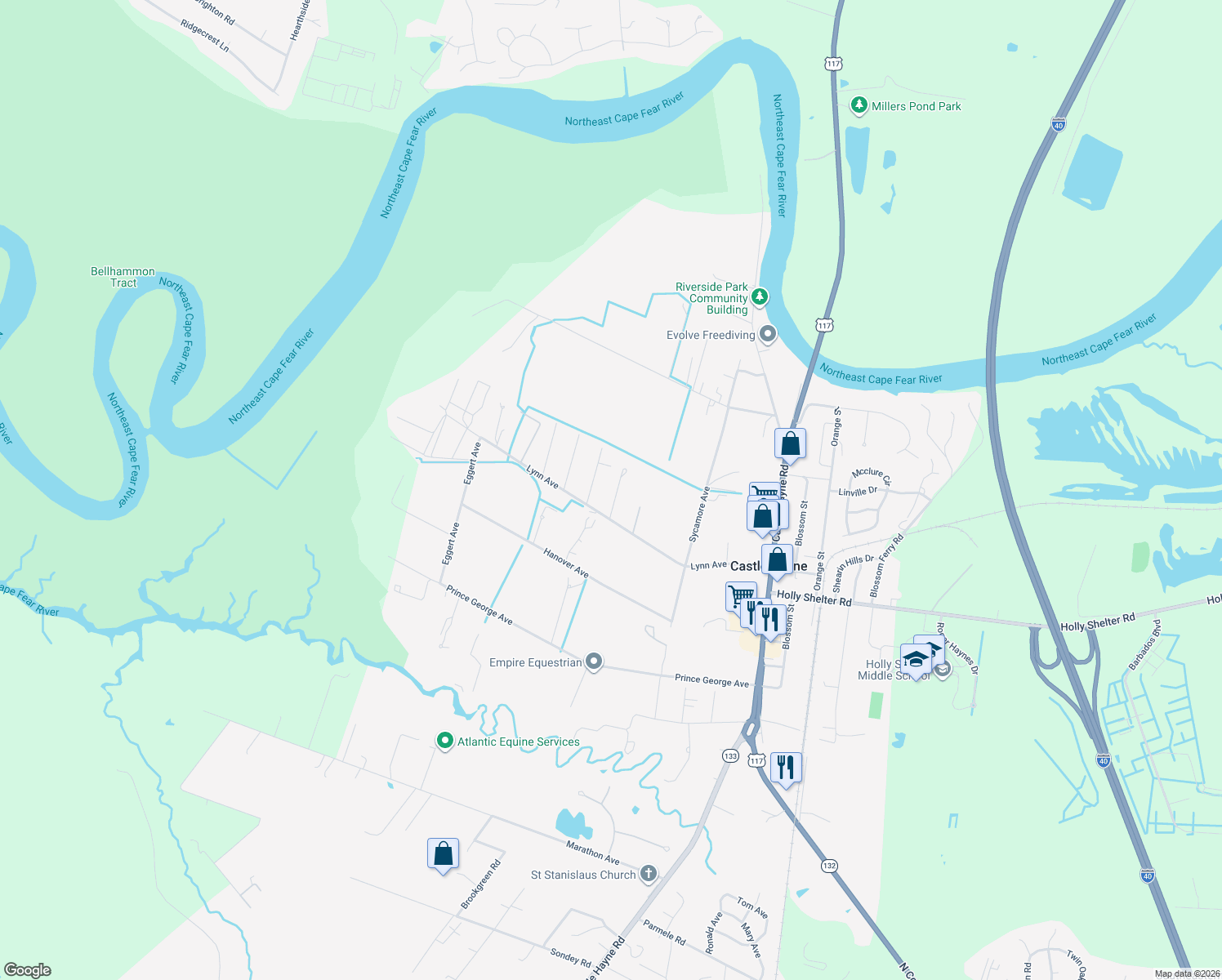 map of restaurants, bars, coffee shops, grocery stores, and more near 3609 Lynn Ave in Castle Hayne