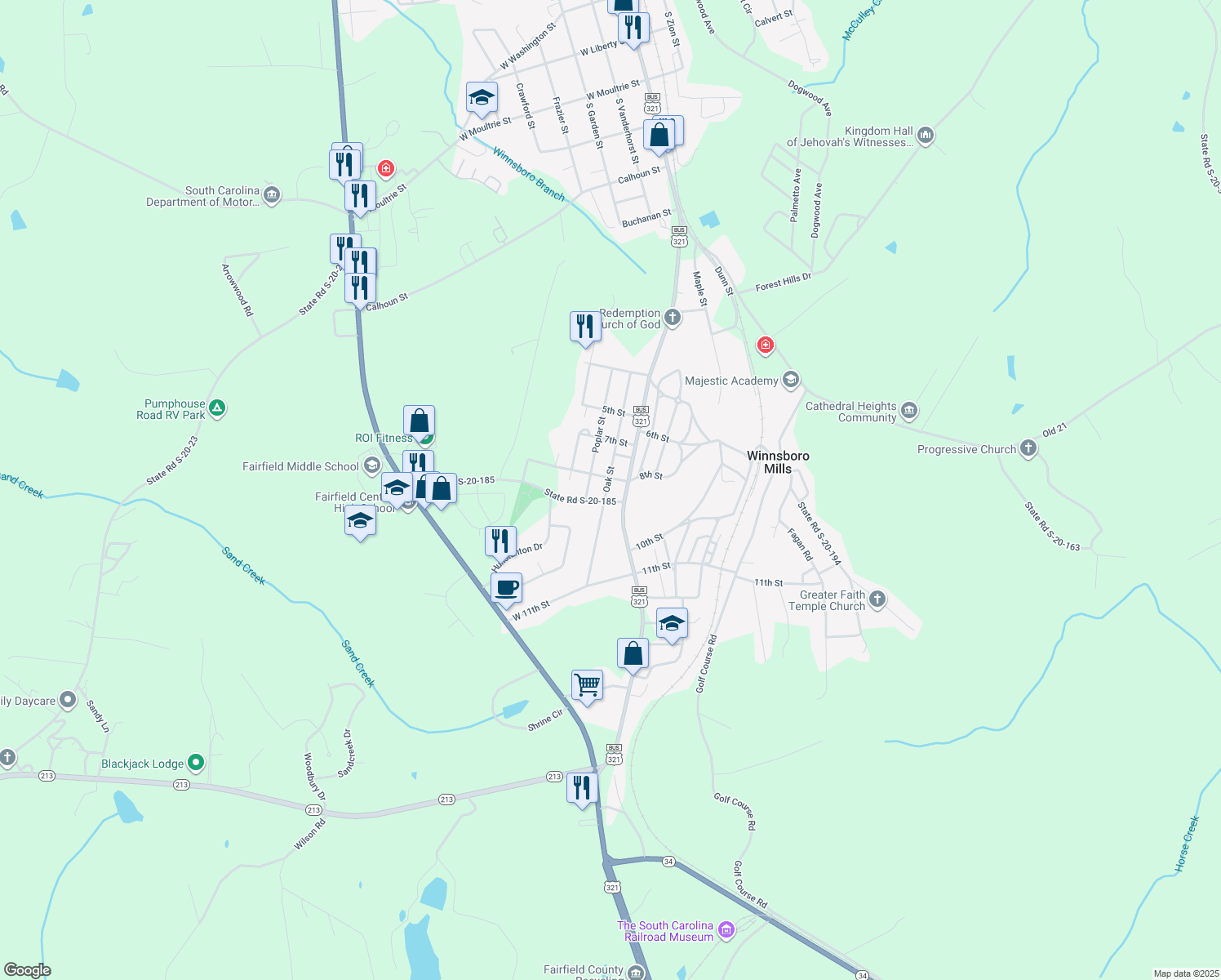map of restaurants, bars, coffee shops, grocery stores, and more near 535 Oak Street in Winnsboro