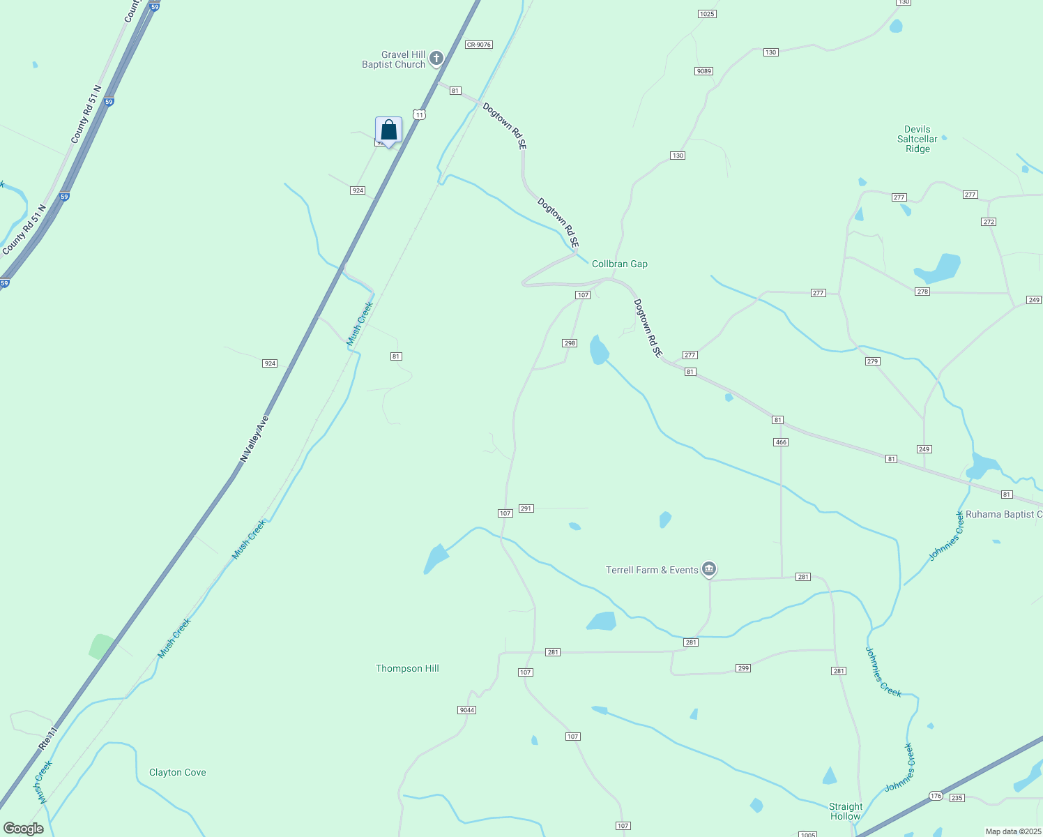 map of restaurants, bars, coffee shops, grocery stores, and more near 591 County Road 107 in Fort Payne