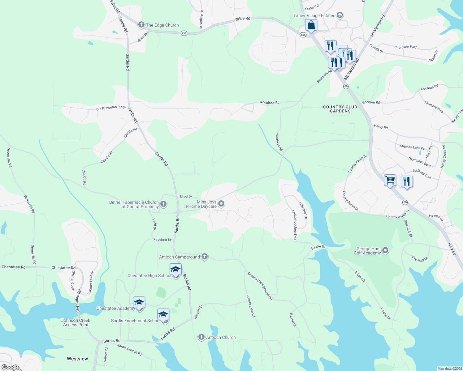 map of restaurants, bars, coffee shops, grocery stores, and more near 3852 Ledan Road in Gainesville