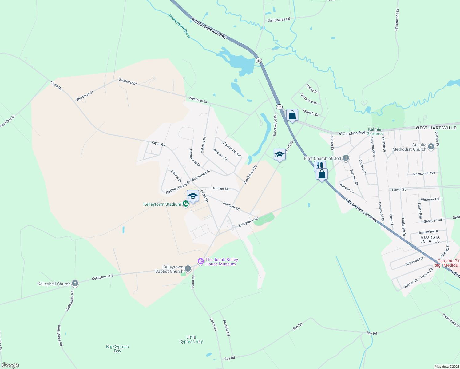map of restaurants, bars, coffee shops, grocery stores, and more near 2505 Highline Street in Hartsville