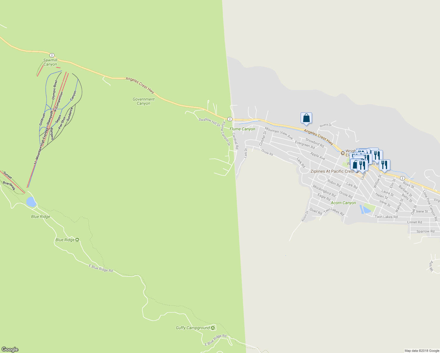 map of restaurants, bars, coffee shops, grocery stores, and more near 23132 Cardinal Road in Wrightwood