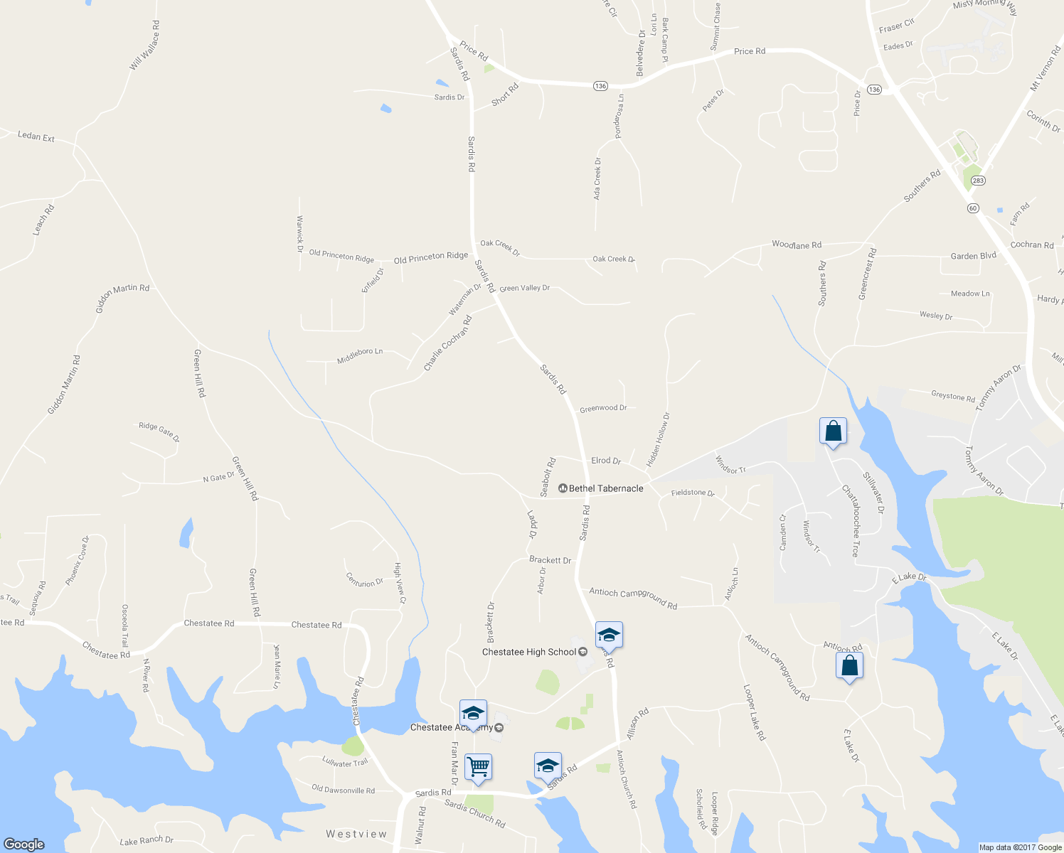 map of restaurants, bars, coffee shops, grocery stores, and more near 4149 Sardis Road in Gainesville