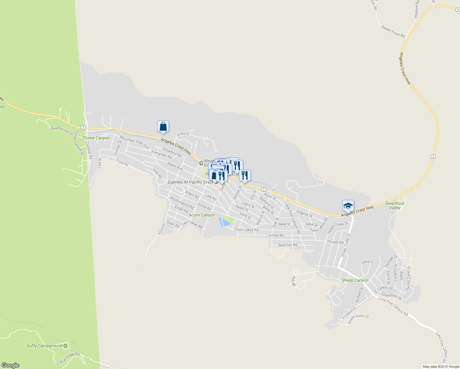 map of restaurants, bars, coffee shops, grocery stores, and more near 1346 Laura Street in Wrightwood