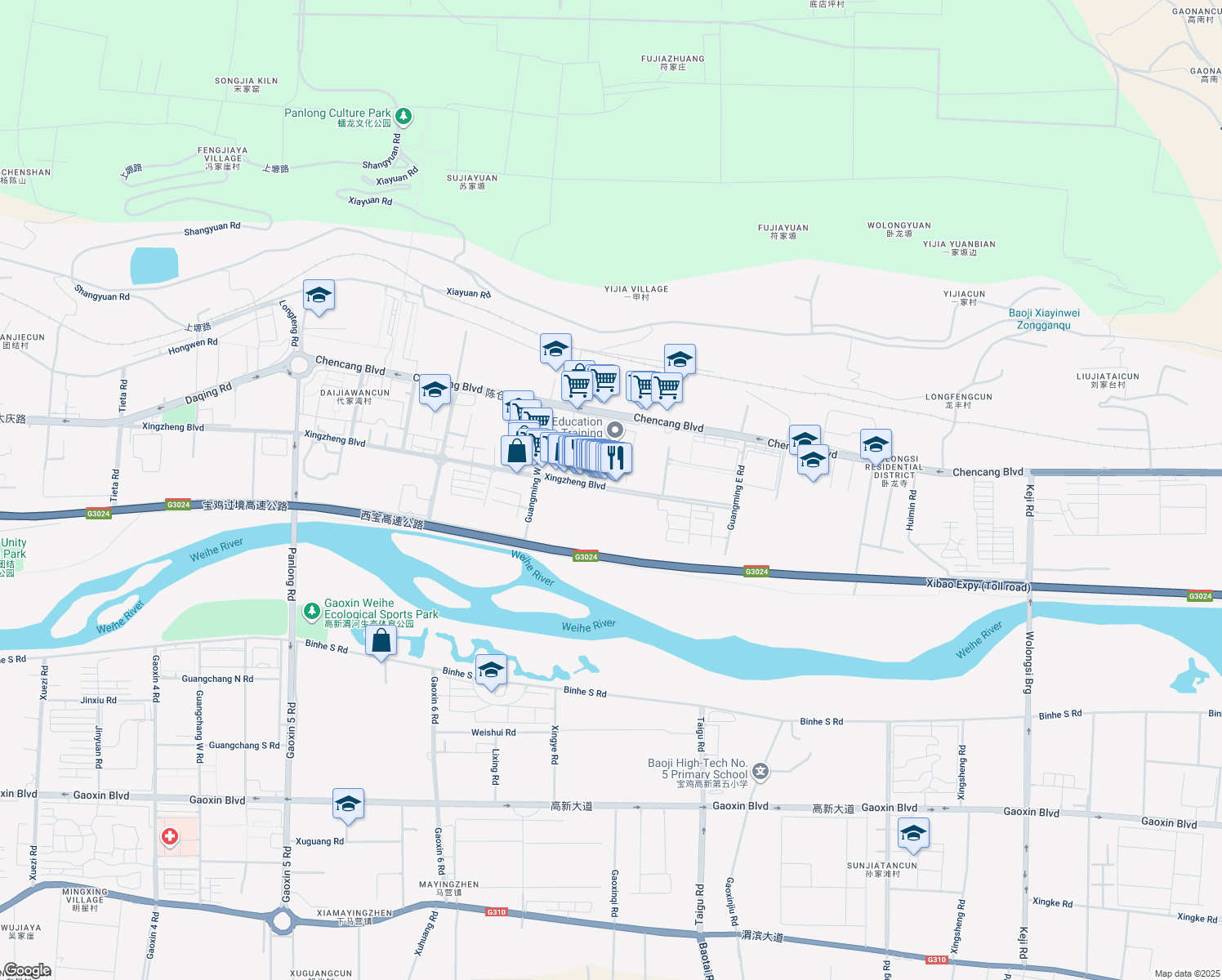map of restaurants, bars, coffee shops, grocery stores, and more near Xing Zheng Da Dao in Baoji Shi