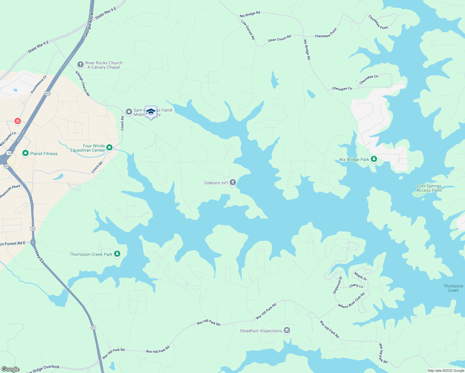 map of restaurants, bars, coffee shops, grocery stores, and more near 457 Robertson Road in Dawsonville