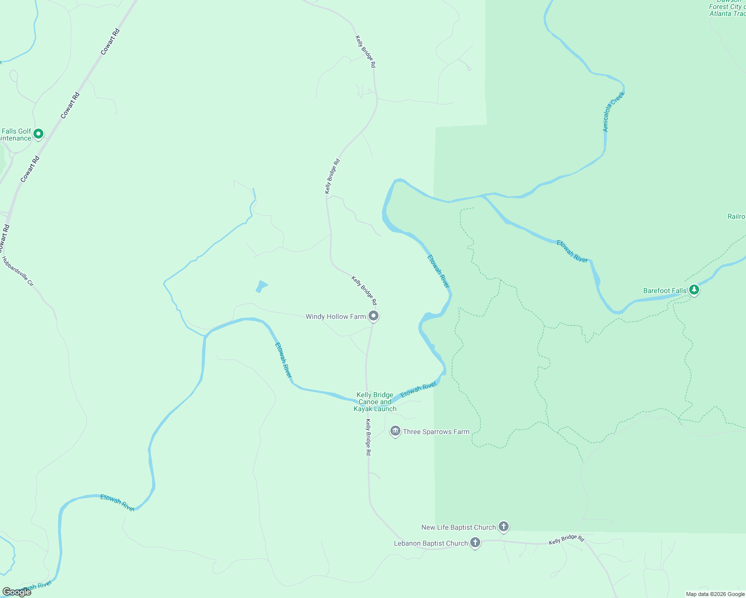 map of restaurants, bars, coffee shops, grocery stores, and more near Kelly Bridge Road in Dawson County
