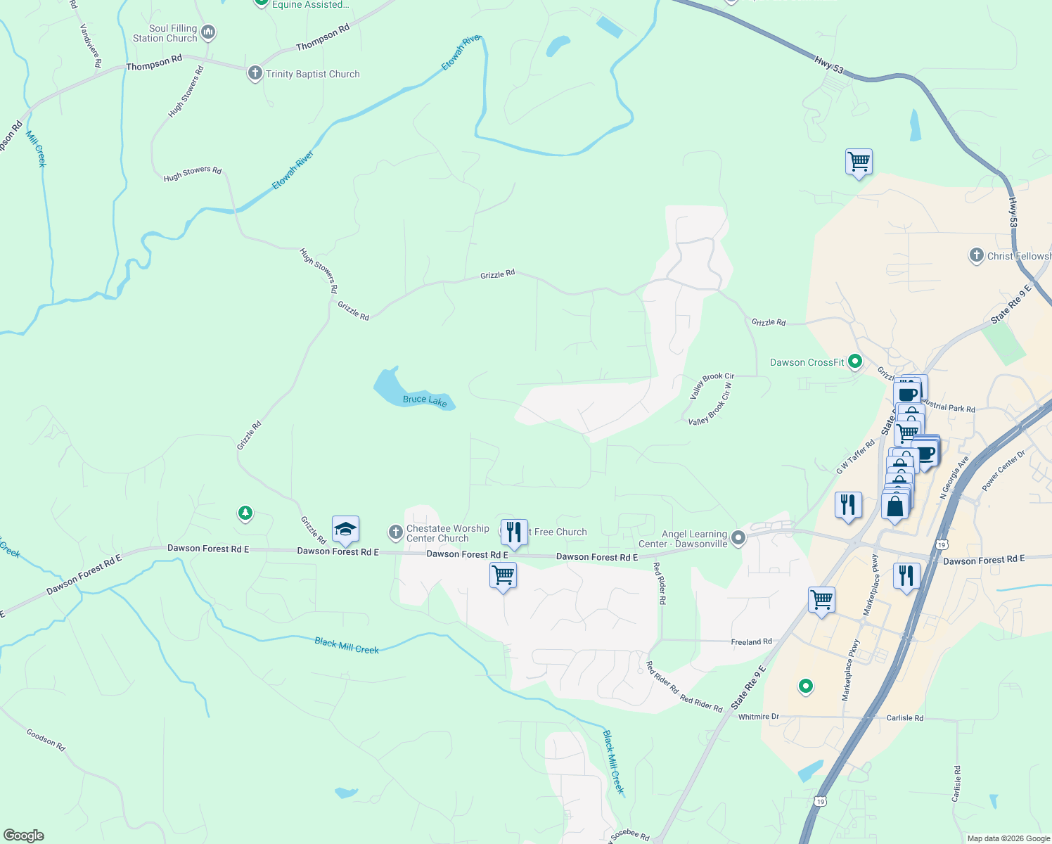 map of restaurants, bars, coffee shops, grocery stores, and more near 863 Mayapple Glen in Dawsonville