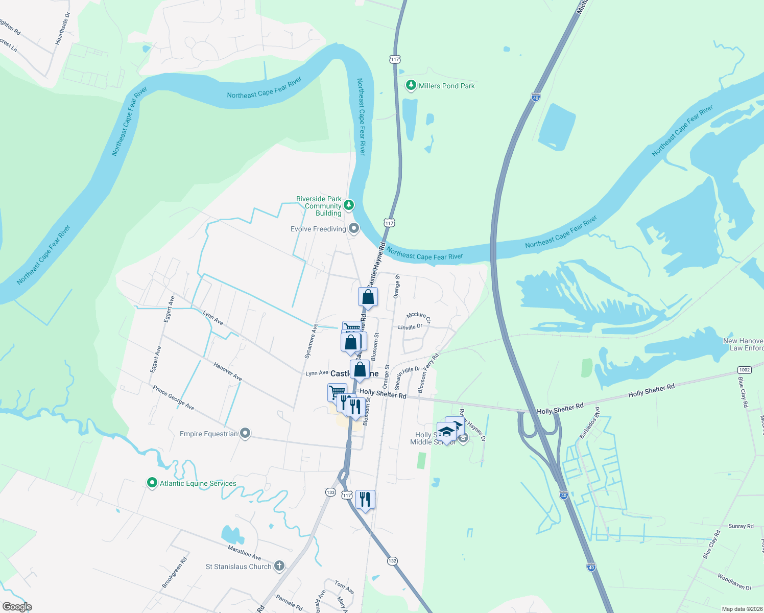 map of restaurants, bars, coffee shops, grocery stores, and more near 6307 Orange St in Castle Hayne