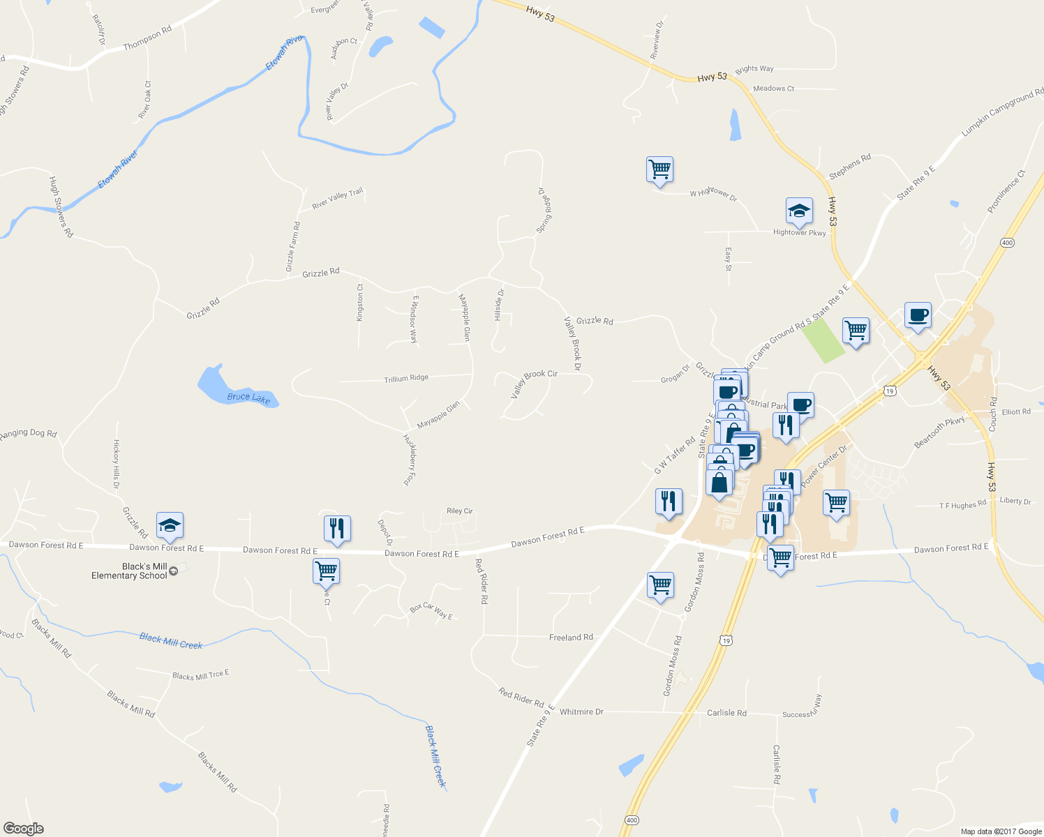 map of restaurants, bars, coffee shops, grocery stores, and more near 408 Valley Brook Circle West in Dawsonville