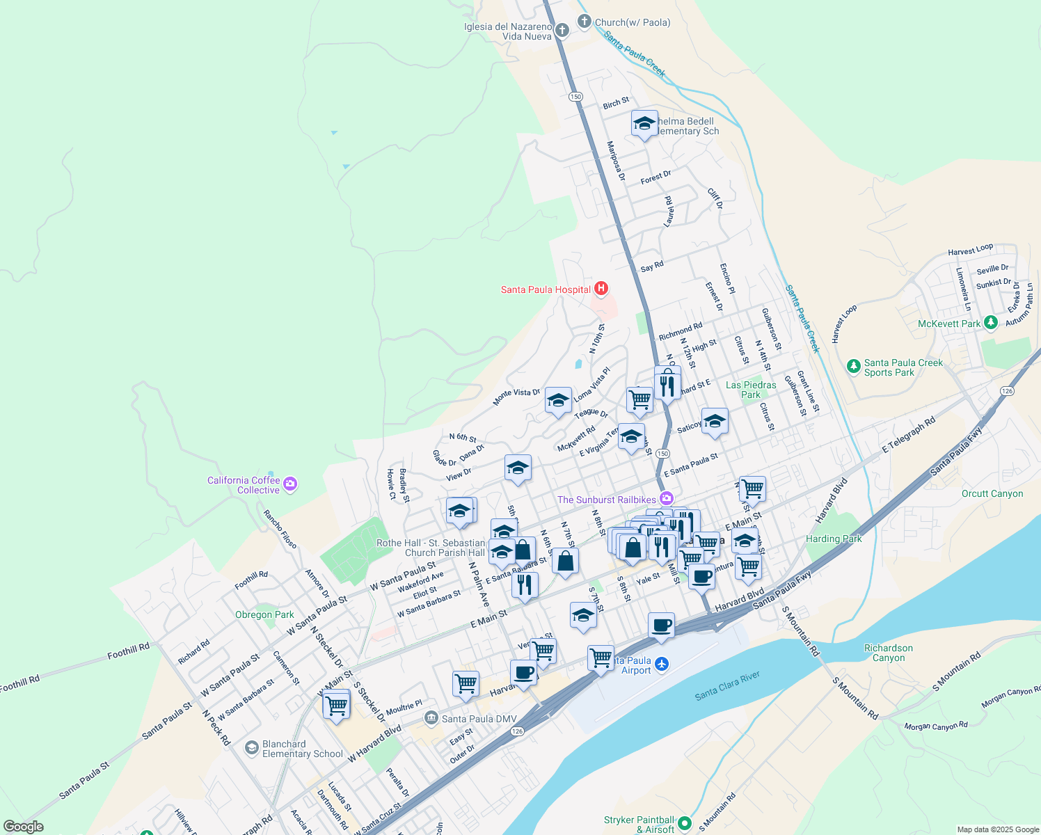 map of restaurants, bars, coffee shops, grocery stores, and more near 664 Manor Ridge Road in Santa Paula