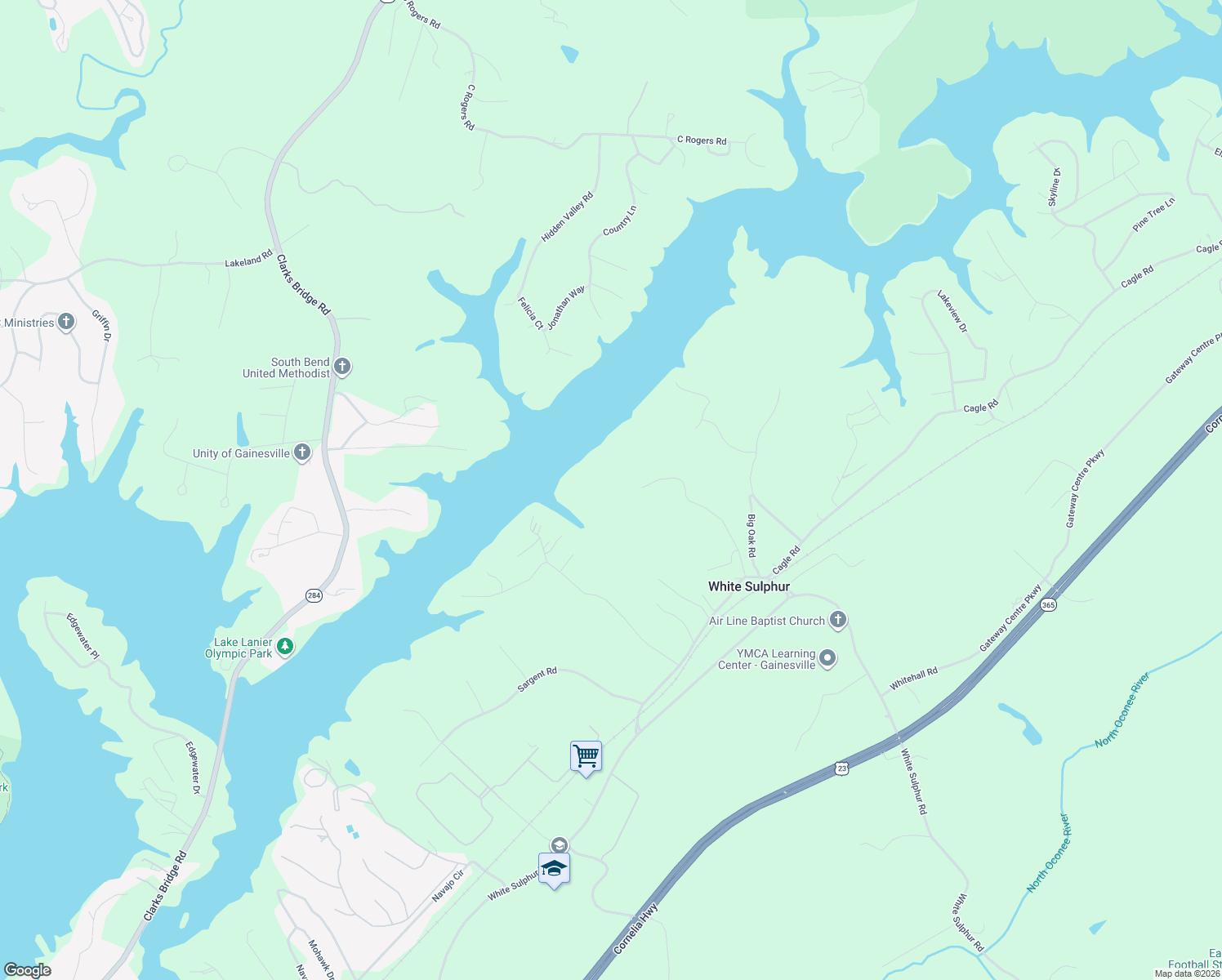 map of restaurants, bars, coffee shops, grocery stores, and more near 3365 Hall Drive in Gainesville