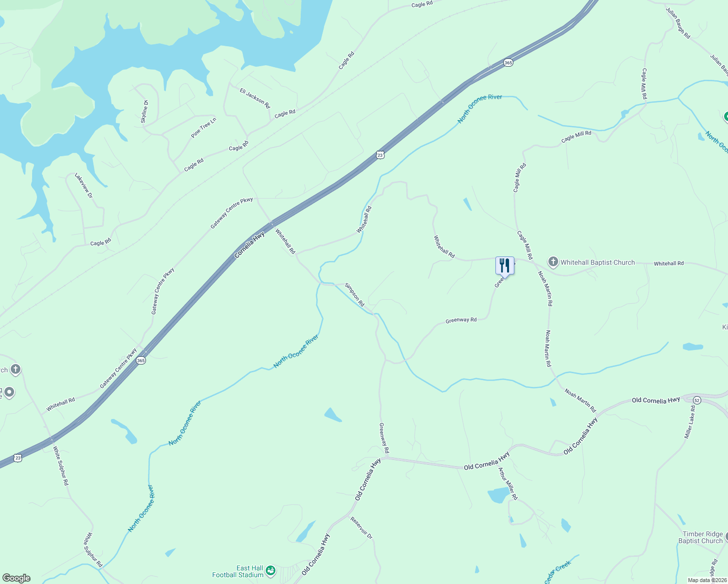 map of restaurants, bars, coffee shops, grocery stores, and more near 4208 Simpson Road in Gainesville