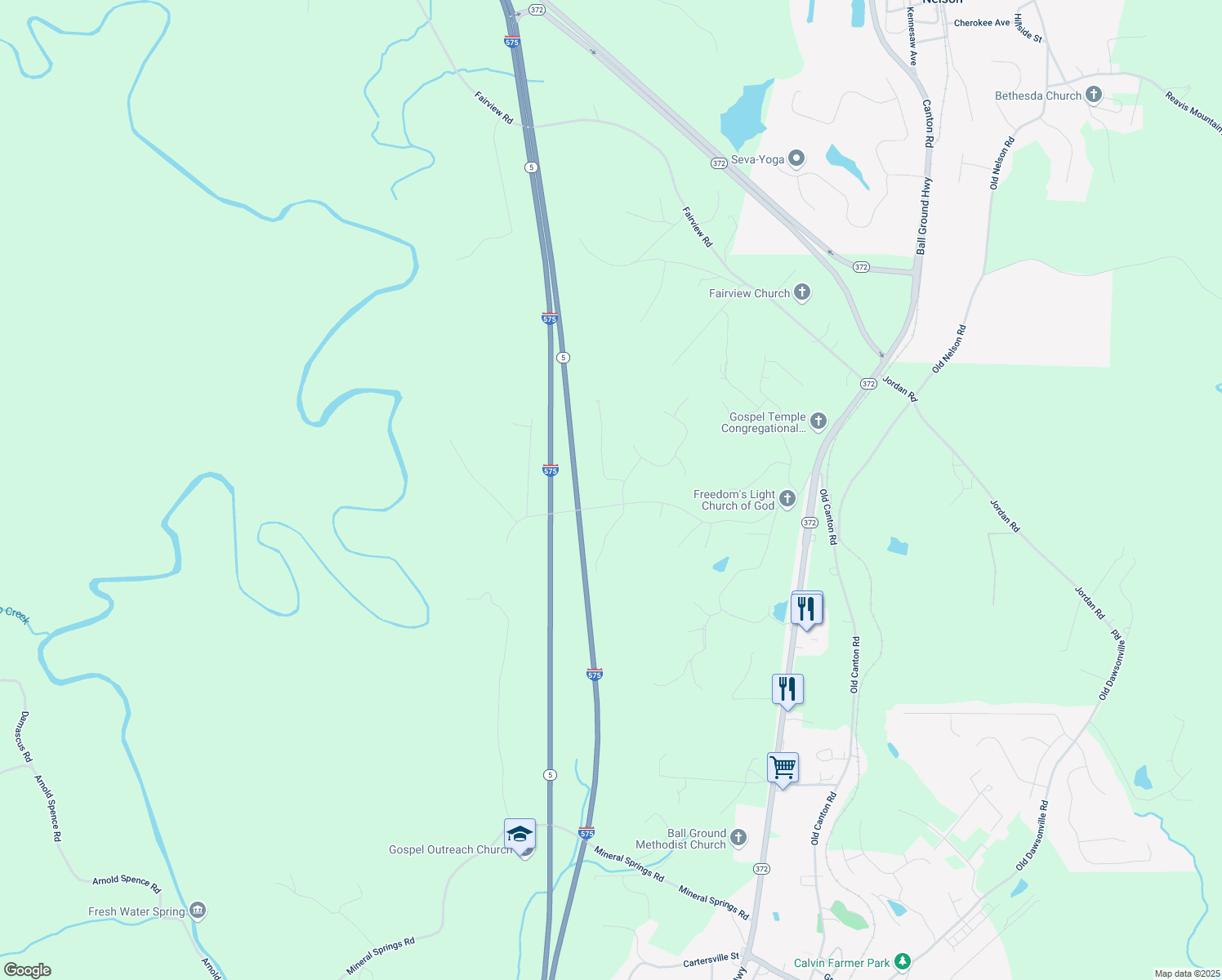 map of restaurants, bars, coffee shops, grocery stores, and more near 203 Woods Circle in Ball Ground