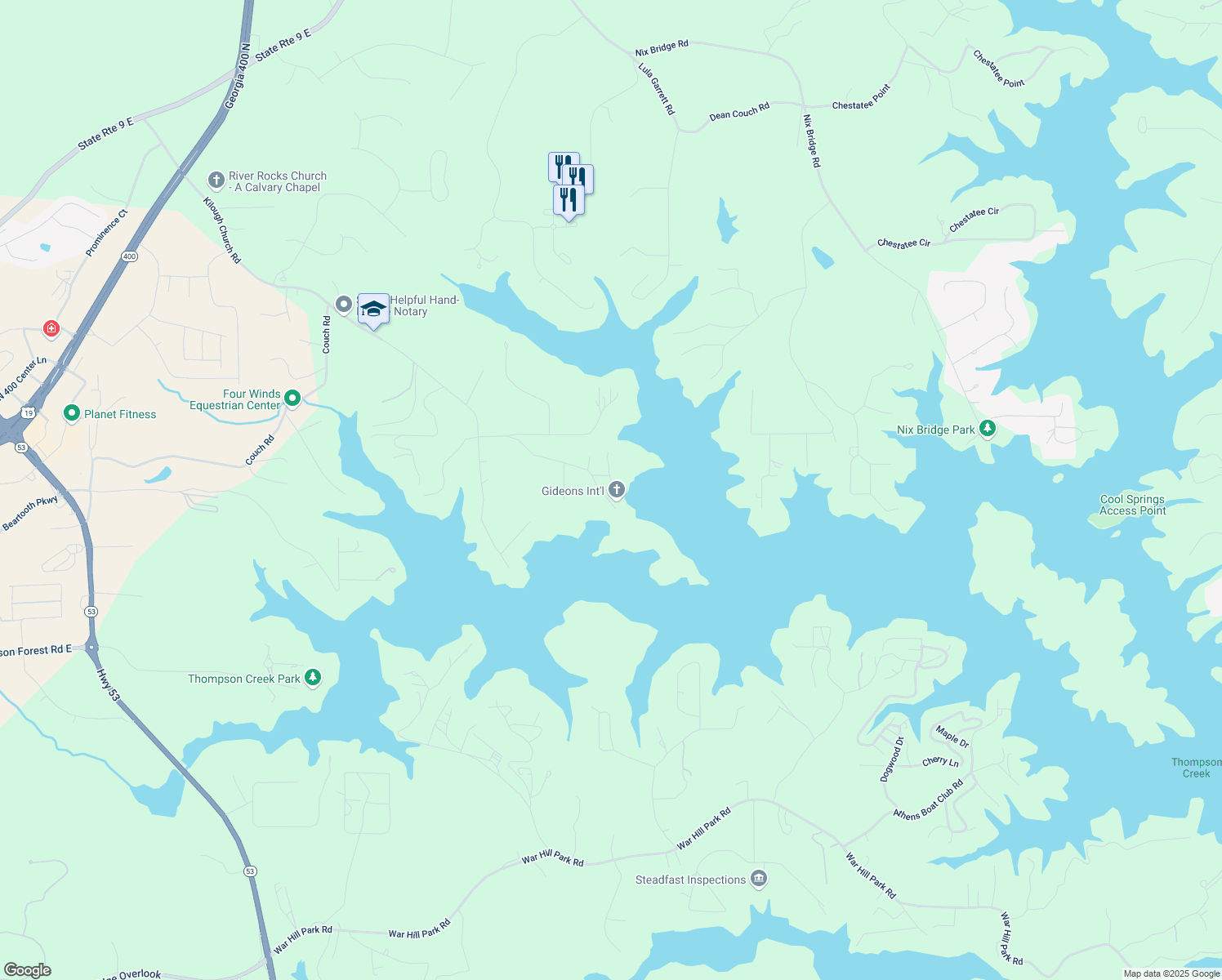 map of restaurants, bars, coffee shops, grocery stores, and more near 435 Robertson Road in Dawsonville