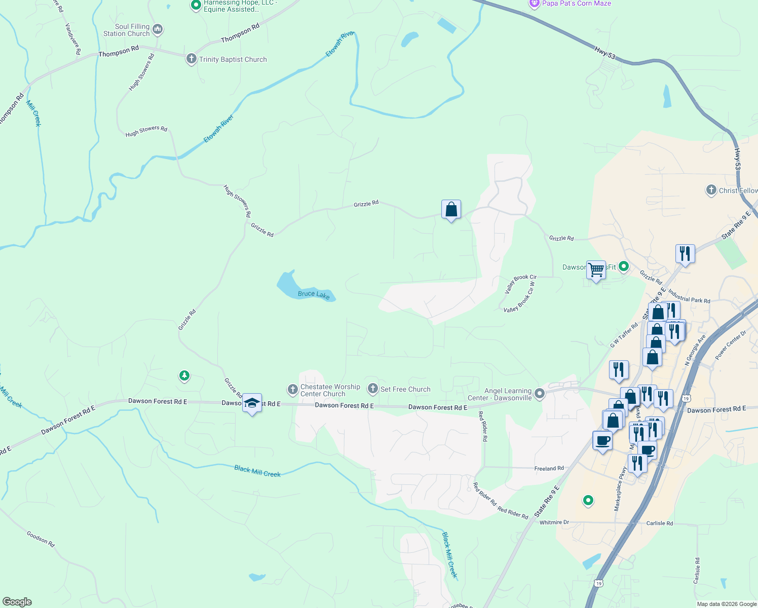 map of restaurants, bars, coffee shops, grocery stores, and more near 863 Mayapple Glen in Dawsonville
