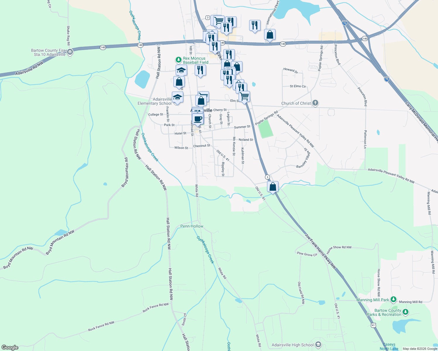 map of restaurants, bars, coffee shops, grocery stores, and more near 101 Bruce Street in Adairsville