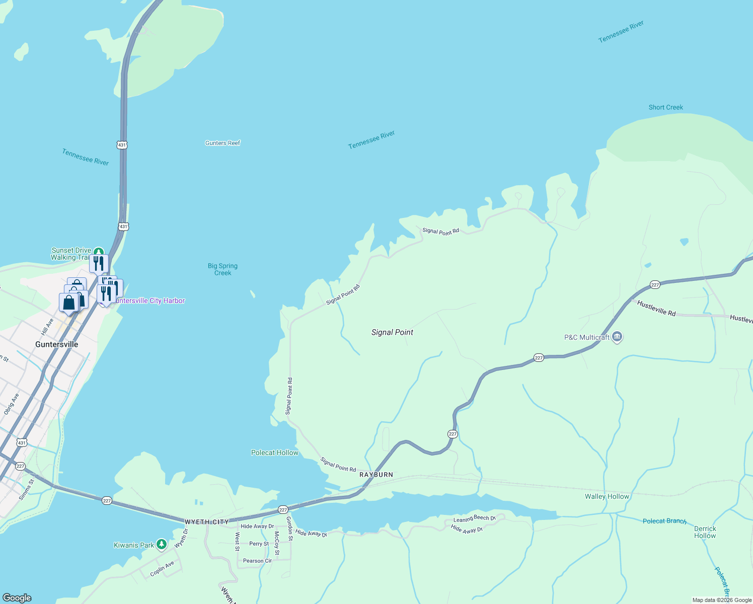 map of restaurants, bars, coffee shops, grocery stores, and more near 1340 Signal Point Road in Guntersville
