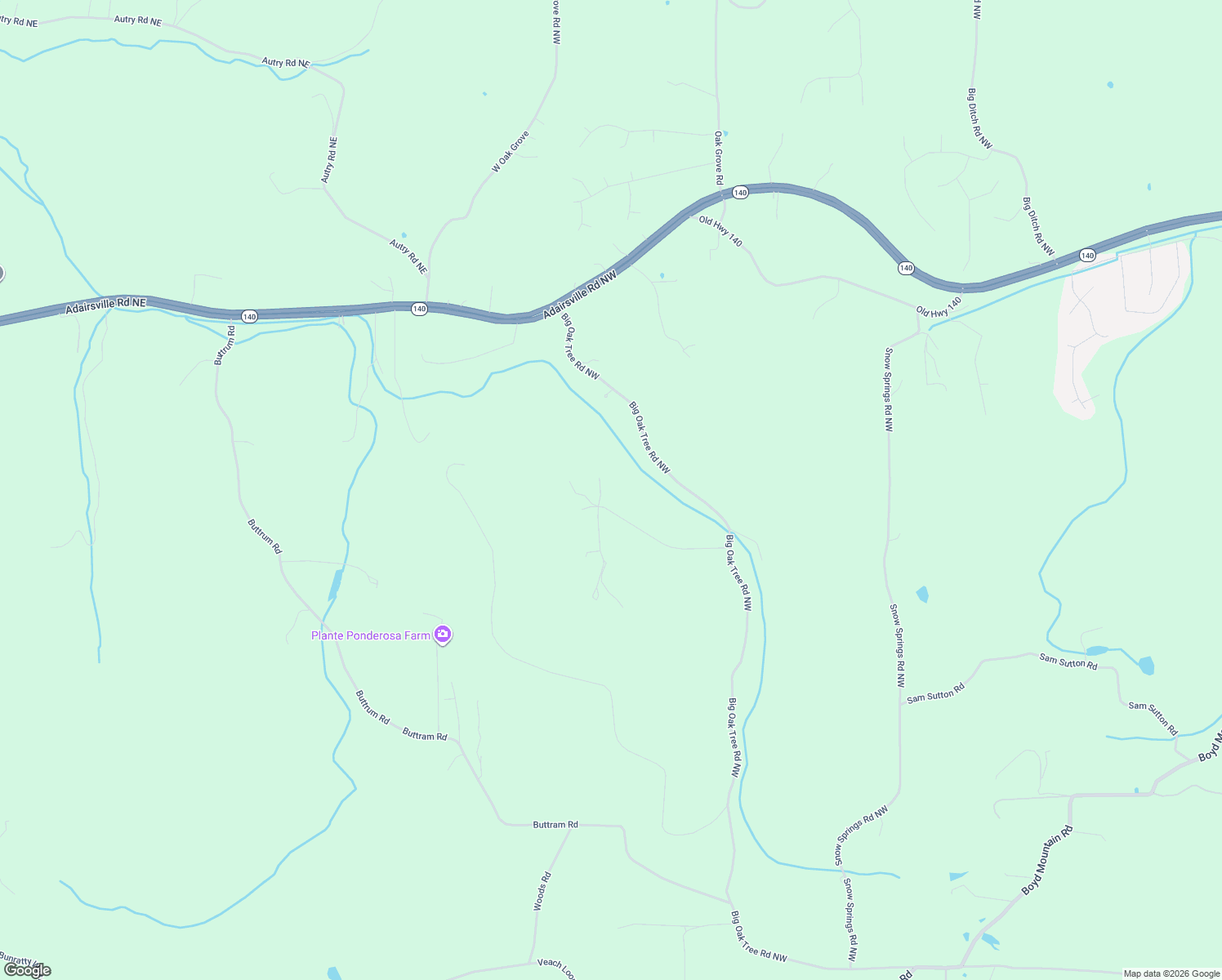 map of restaurants, bars, coffee shops, grocery stores, and more near 26 Plantation Road Northwest in Adairsville