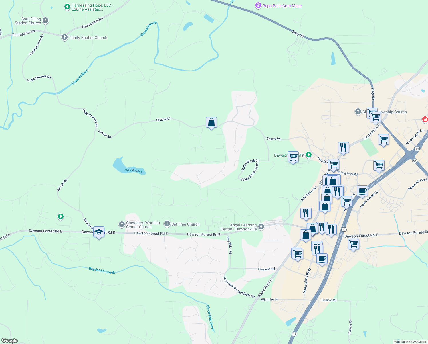 map of restaurants, bars, coffee shops, grocery stores, and more near 366 May Apple Glen in Dawsonville