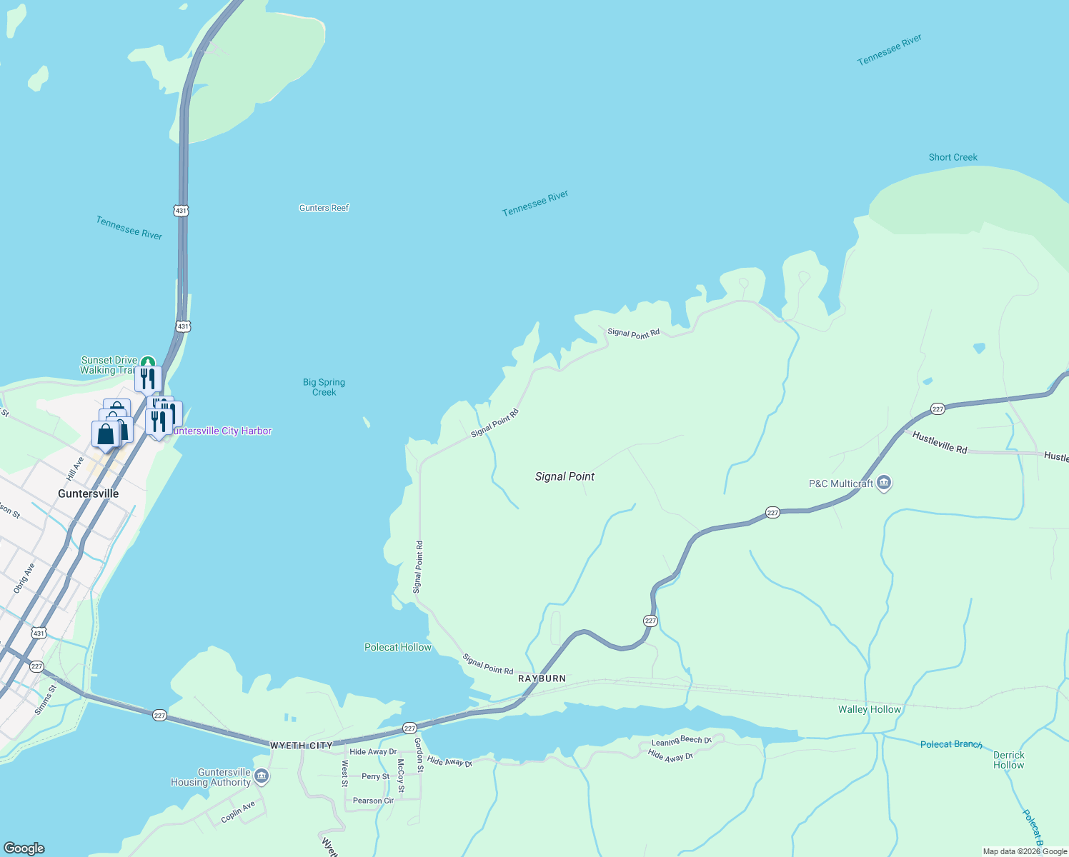 map of restaurants, bars, coffee shops, grocery stores, and more near 1420 Signal Point Road in Guntersville
