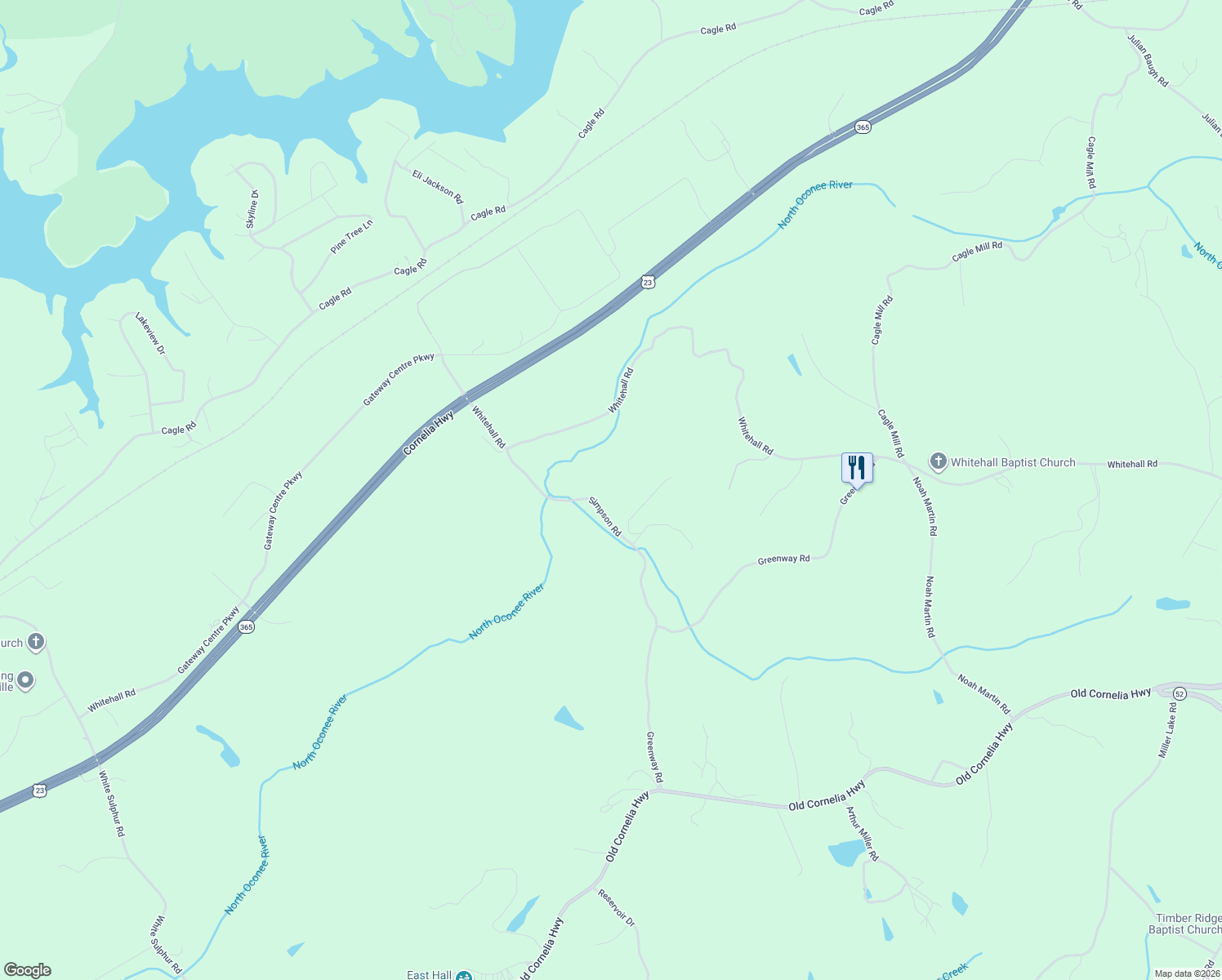 map of restaurants, bars, coffee shops, grocery stores, and more near 4208 Simpson Road in Gainesville