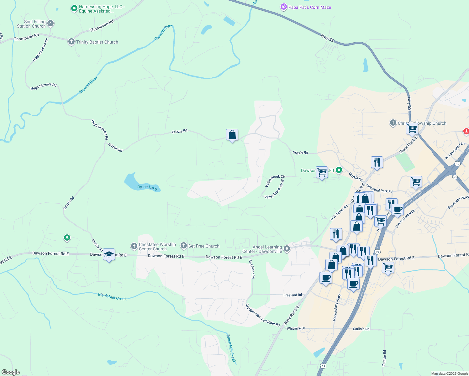 map of restaurants, bars, coffee shops, grocery stores, and more near 366 May Apple Glen in Dawsonville