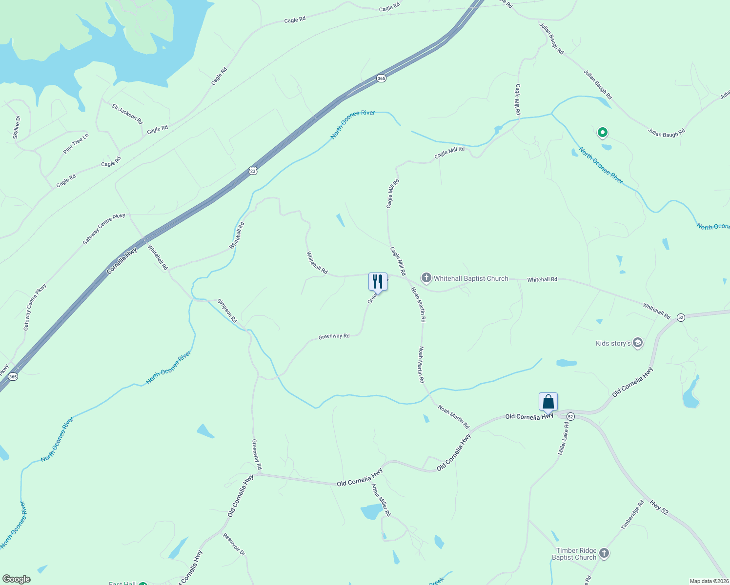 map of restaurants, bars, coffee shops, grocery stores, and more near 4327 Greenway Road in Gainesville