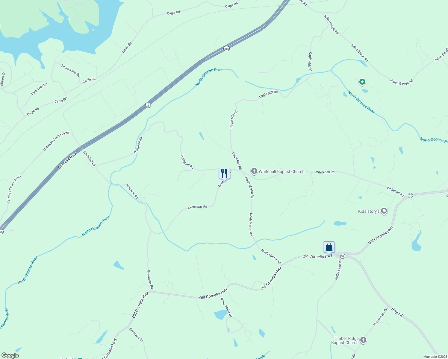 map of restaurants, bars, coffee shops, grocery stores, and more near 4327 Greenway Road in Gainesville
