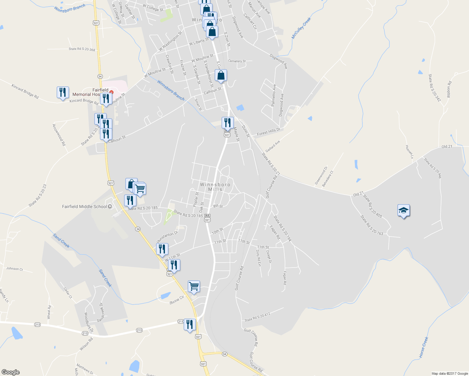 map of restaurants, bars, coffee shops, grocery stores, and more near 215 Elm Street in Winnsboro