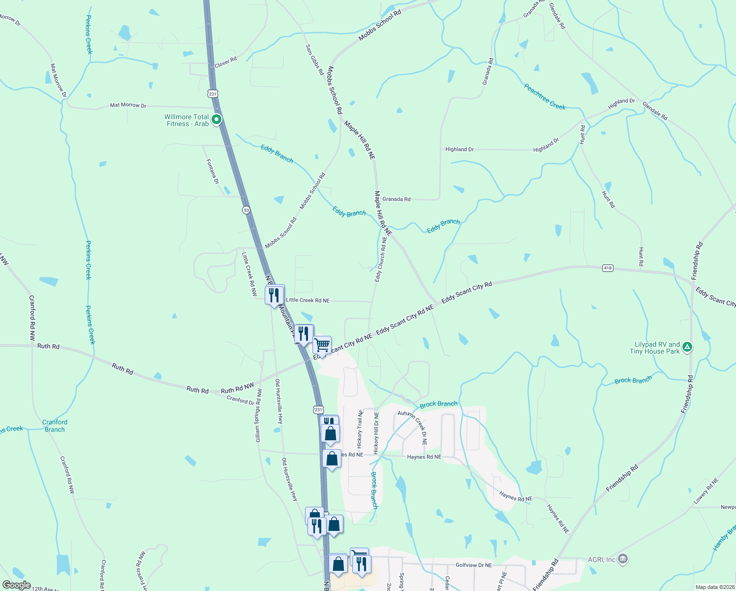 map of restaurants, bars, coffee shops, grocery stores, and more near 2525 Eddy Church Rd NE in Arab