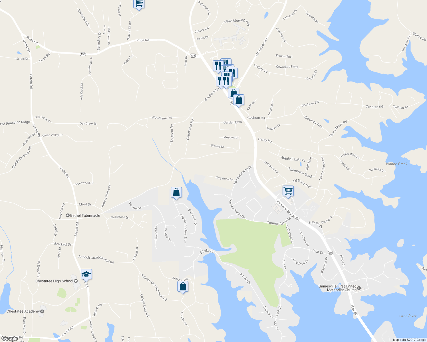 map of restaurants, bars, coffee shops, grocery stores, and more near 3550 Greystone Road in Gainesville