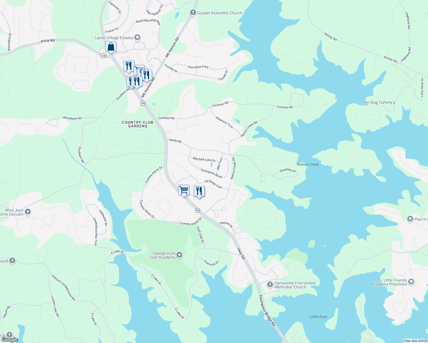 map of restaurants, bars, coffee shops, grocery stores, and more near 3565 Thompson Bend in Gainesville