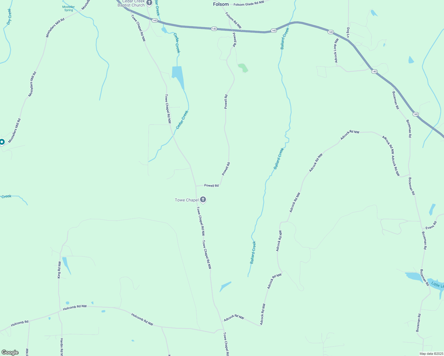map of restaurants, bars, coffee shops, grocery stores, and more near 44 Powell Road Northwest in Adairsville