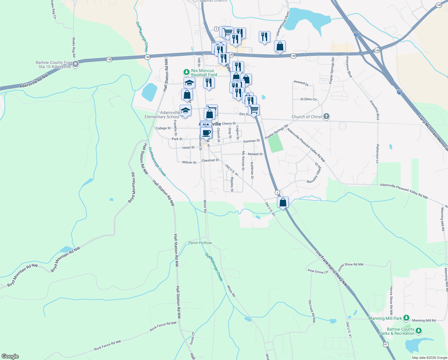 map of restaurants, bars, coffee shops, grocery stores, and more near 97 Bruce St in Adairsville