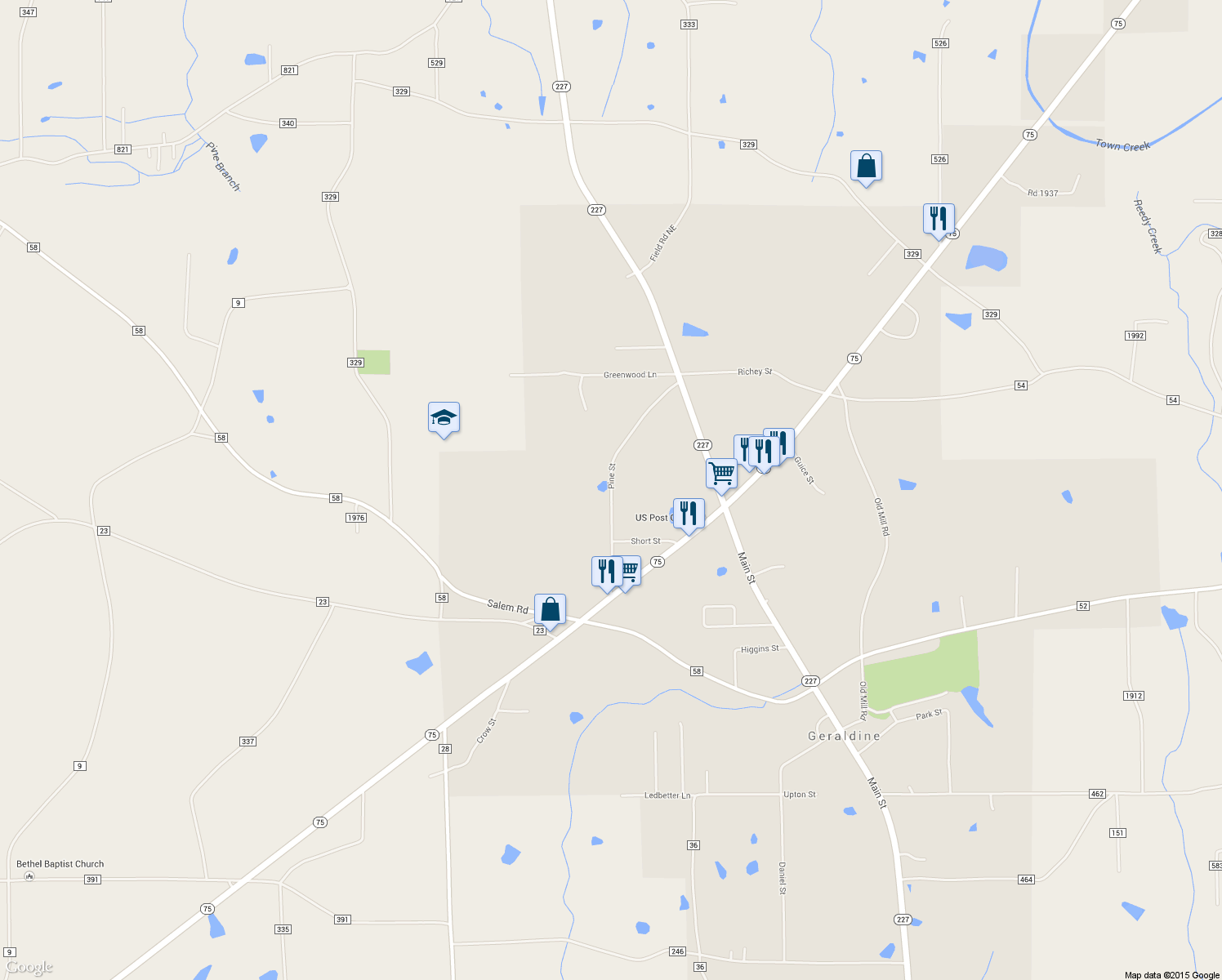 map of restaurants, bars, coffee shops, grocery stores, and more near Pine Street in Geraldine