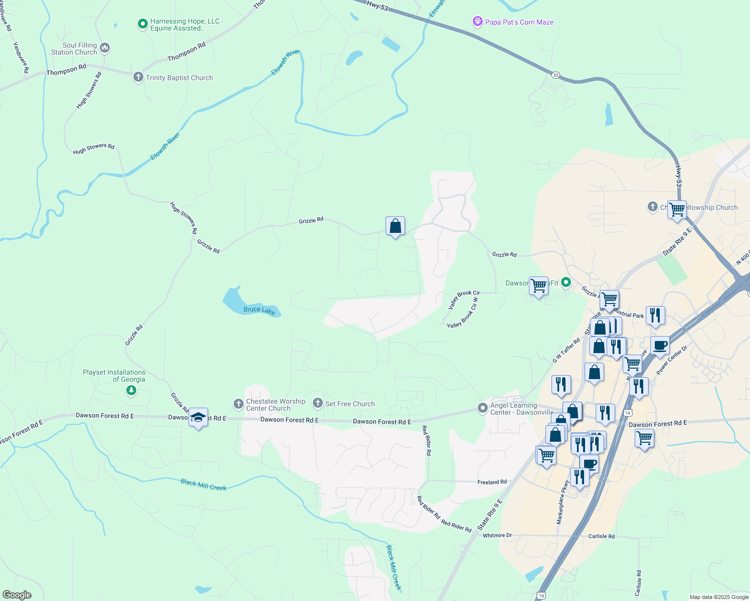 map of restaurants, bars, coffee shops, grocery stores, and more near 215 Trillium Ridge in Dawsonville
