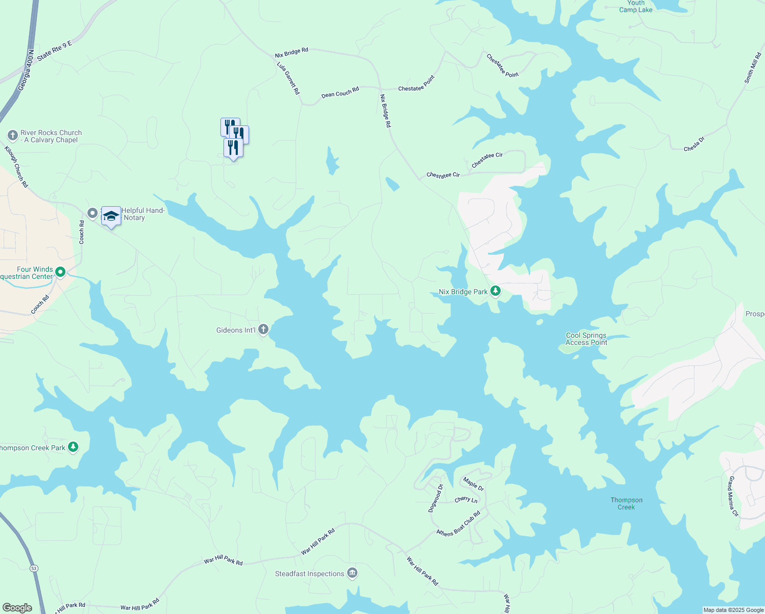 map of restaurants, bars, coffee shops, grocery stores, and more near 258 Woodland Circle in Dawsonville
