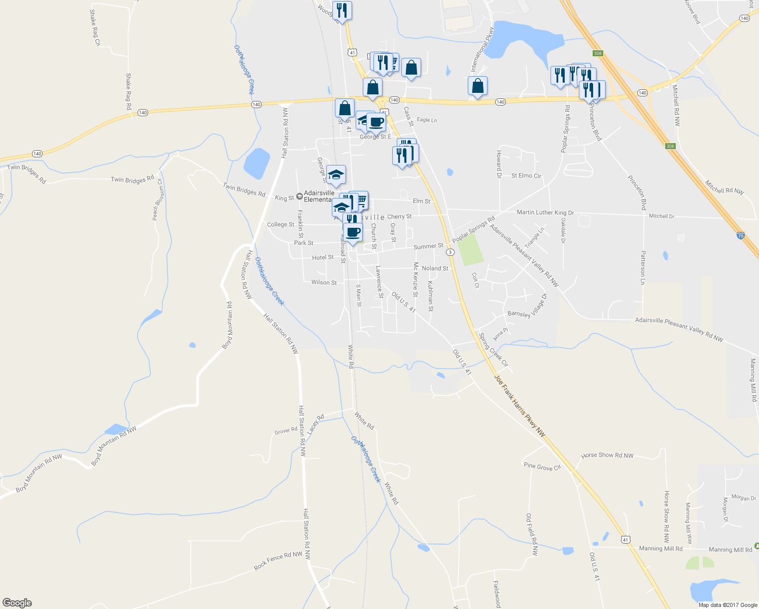 map of restaurants, bars, coffee shops, grocery stores, and more near 10 November Lane in Adairsville