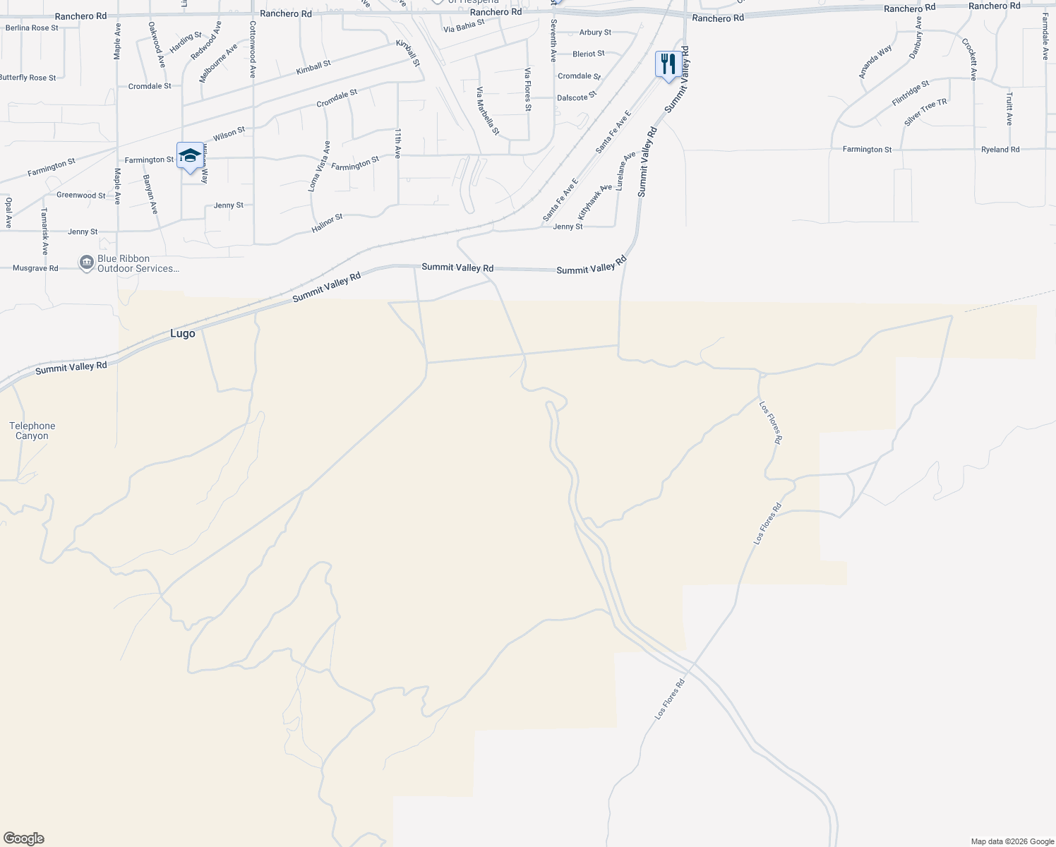 map of restaurants, bars, coffee shops, grocery stores, and more near Summit Valley Road in Hesperia