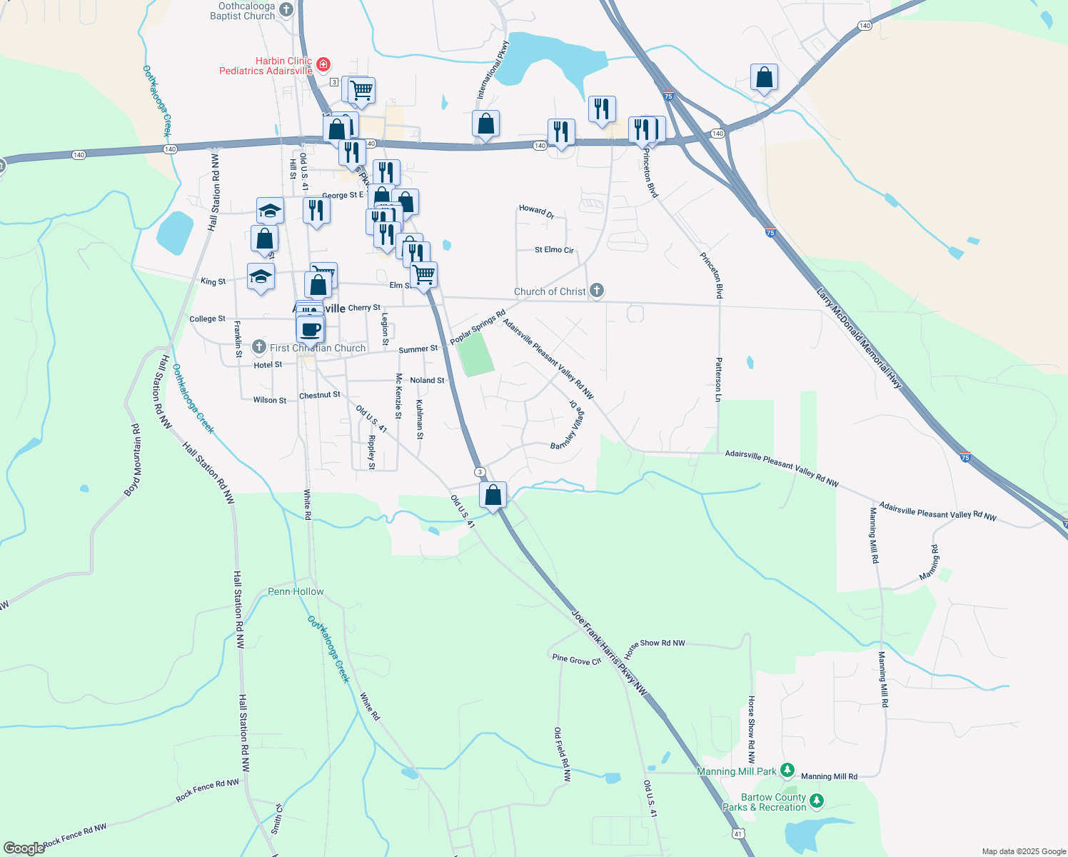 map of restaurants, bars, coffee shops, grocery stores, and more near 12 Redwood Dr in Adairsville