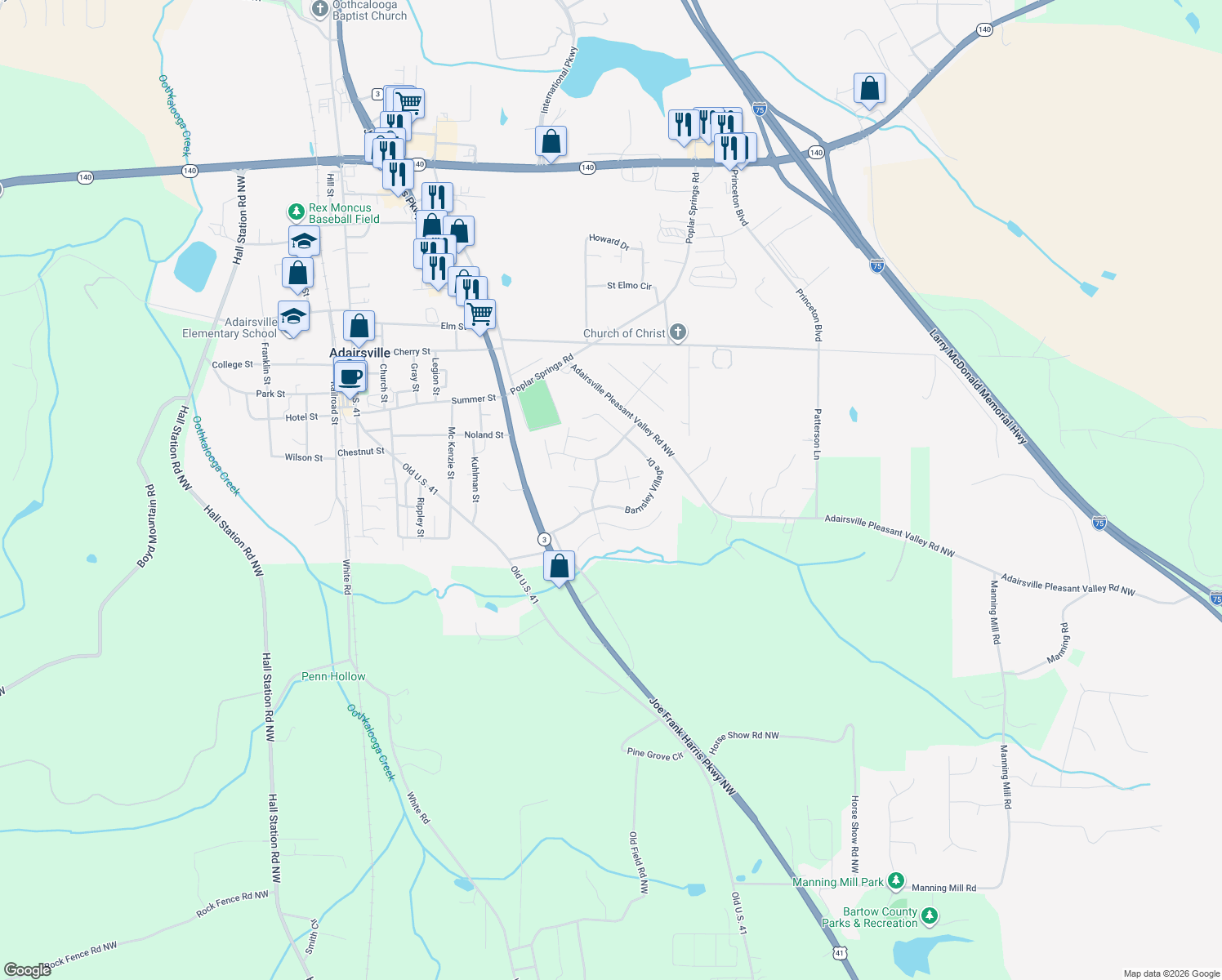 map of restaurants, bars, coffee shops, grocery stores, and more near 14 Redwood Drive in Adairsville