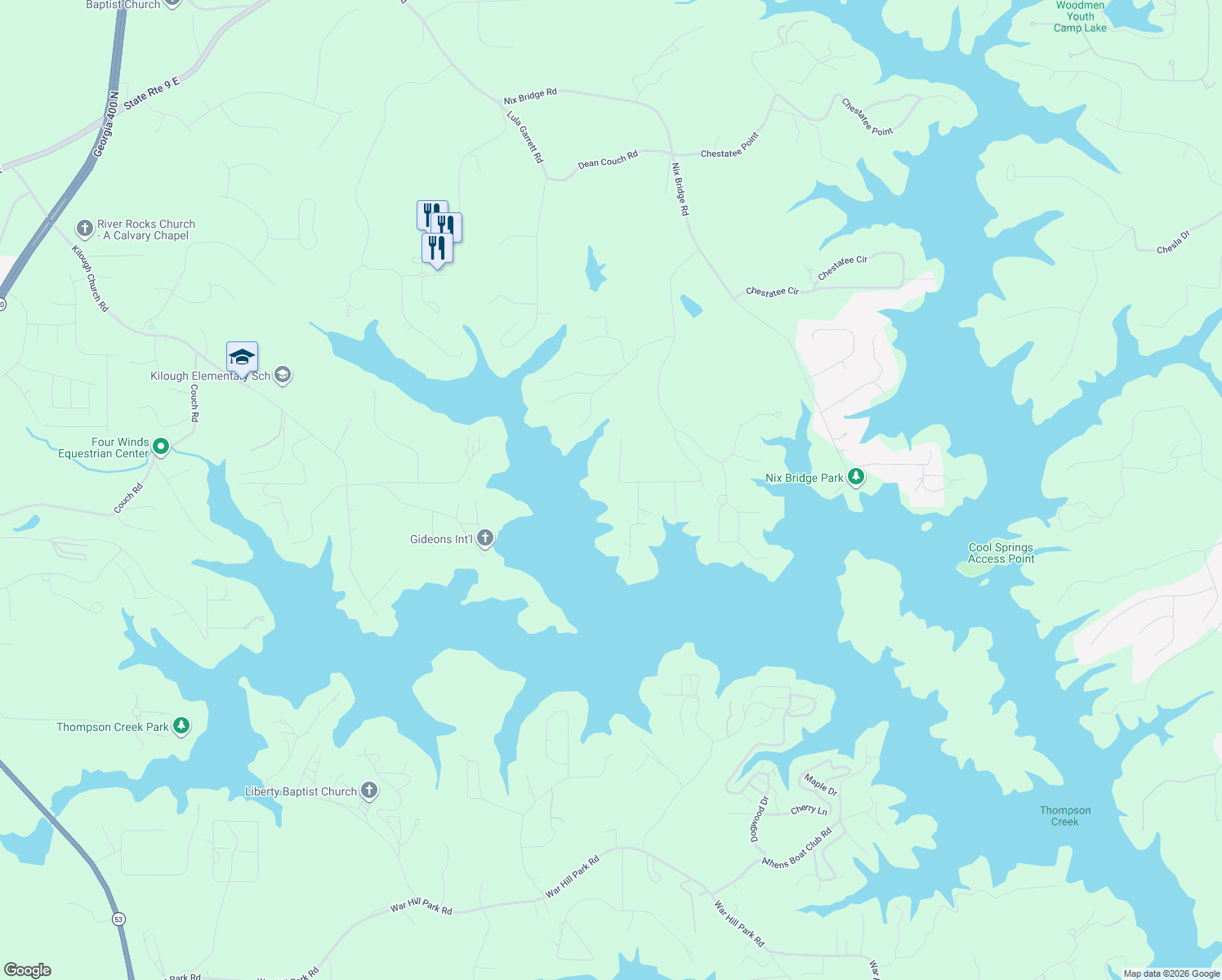 map of restaurants, bars, coffee shops, grocery stores, and more near 69 Winterhawk Cove in Dawsonville