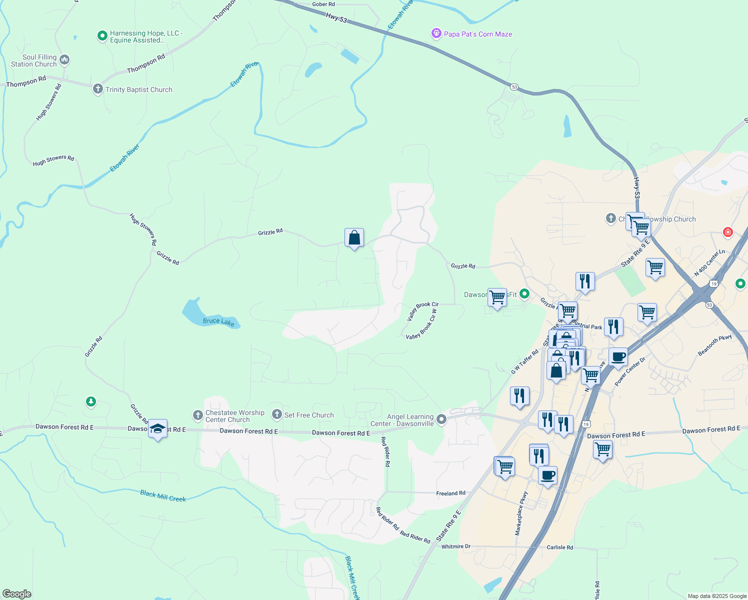map of restaurants, bars, coffee shops, grocery stores, and more near 188 Mayapple Glen in Dawsonville