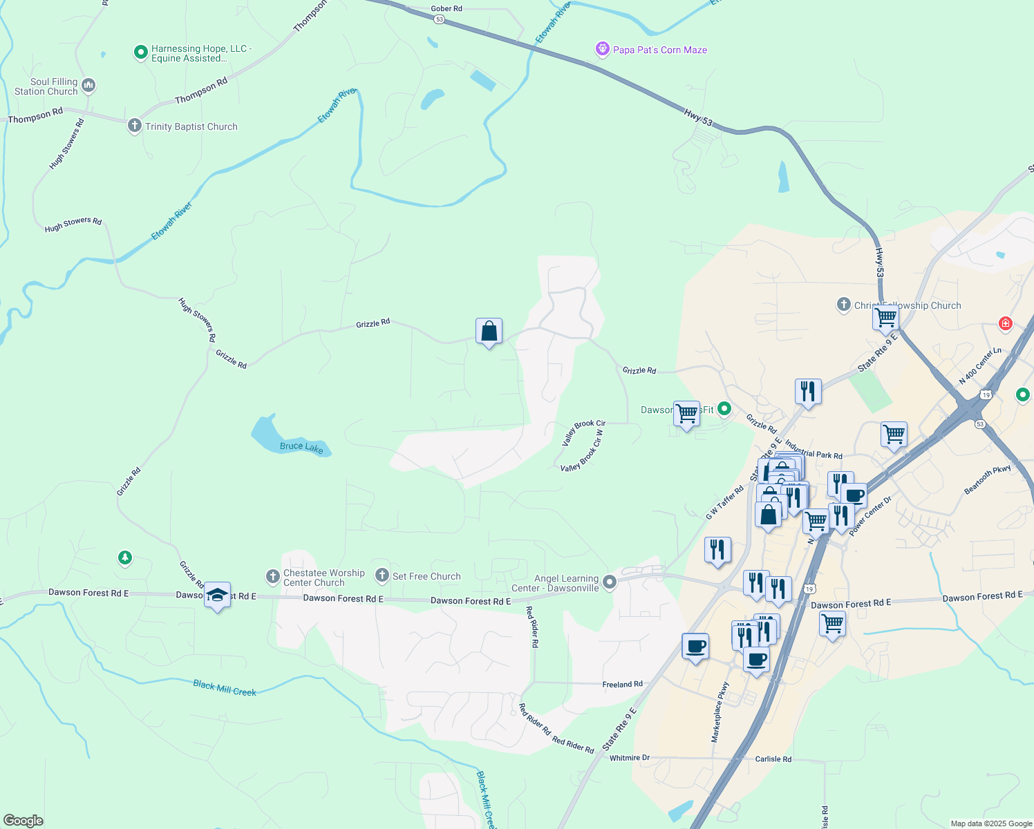 map of restaurants, bars, coffee shops, grocery stores, and more near 188 Mayapple Glen in Dawsonville